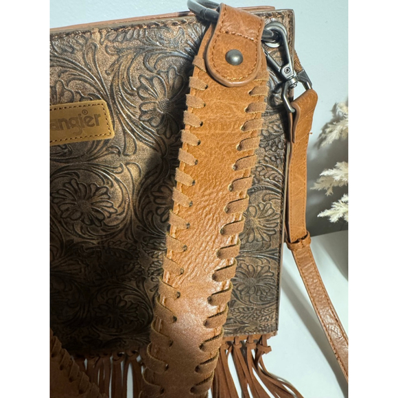 Wrangler Brown Floral Embossed Western Fringe Crossbody Shoulder Bag Cowgirl - Picture 6 of 11
